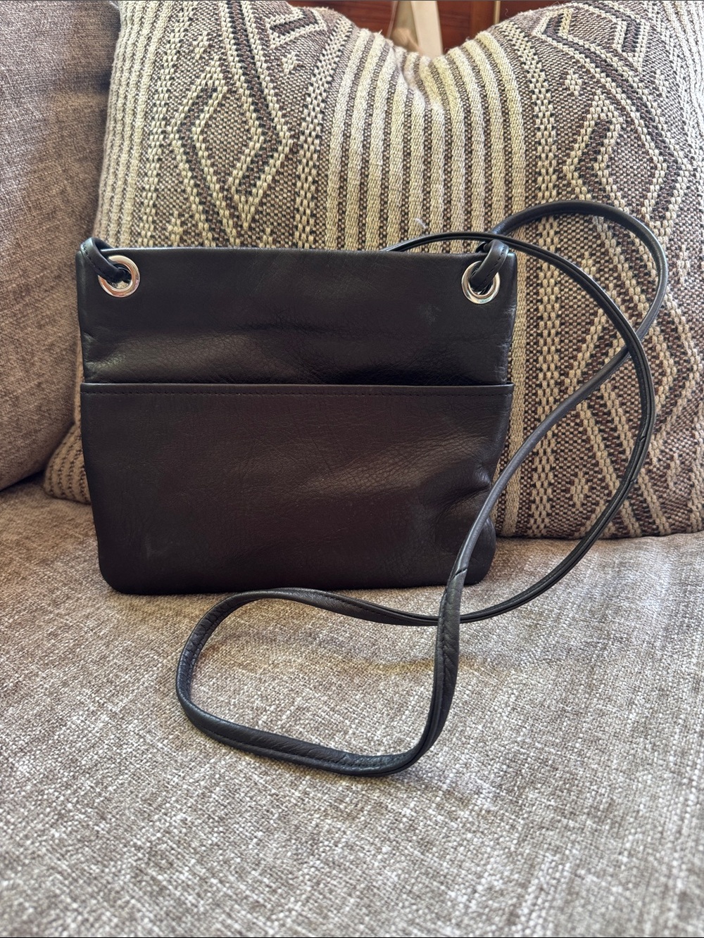 margot Black Leather Crossbody with Grommet Details